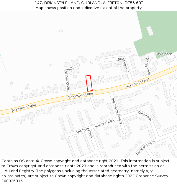 147, BIRKINSTYLE LANE, SHIRLAND, ALFRETON, DE55 6BT: Location map and indicative extent of plot