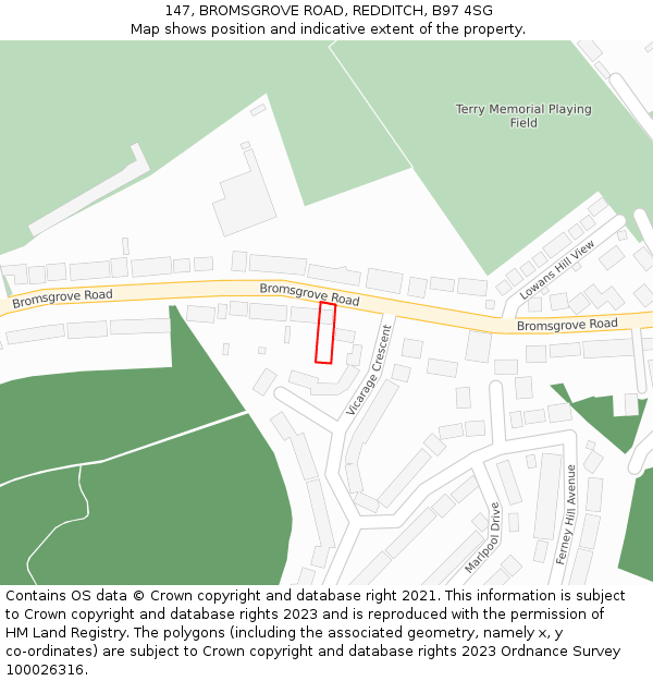 147, BROMSGROVE ROAD, REDDITCH, B97 4SG: Location map and indicative extent of plot