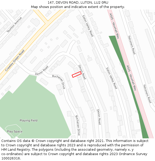 147, DEVON ROAD, LUTON, LU2 0RU: Location map and indicative extent of plot