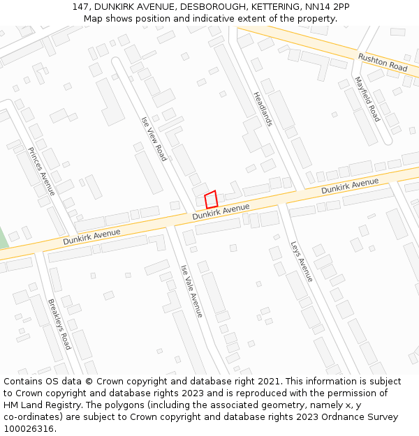 147, DUNKIRK AVENUE, DESBOROUGH, KETTERING, NN14 2PP: Location map and indicative extent of plot