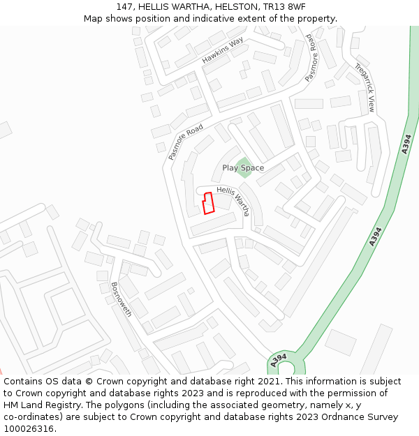 147, HELLIS WARTHA, HELSTON, TR13 8WF: Location map and indicative extent of plot