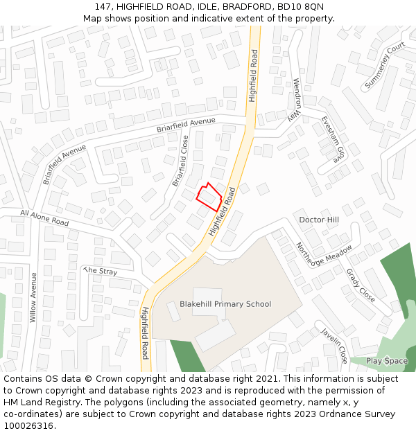147, HIGHFIELD ROAD, IDLE, BRADFORD, BD10 8QN: Location map and indicative extent of plot