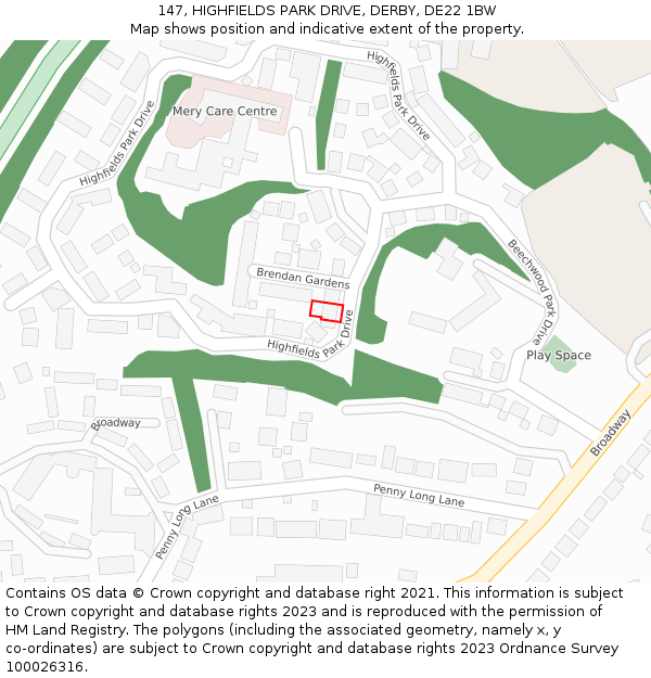 147, HIGHFIELDS PARK DRIVE, DERBY, DE22 1BW: Location map and indicative extent of plot