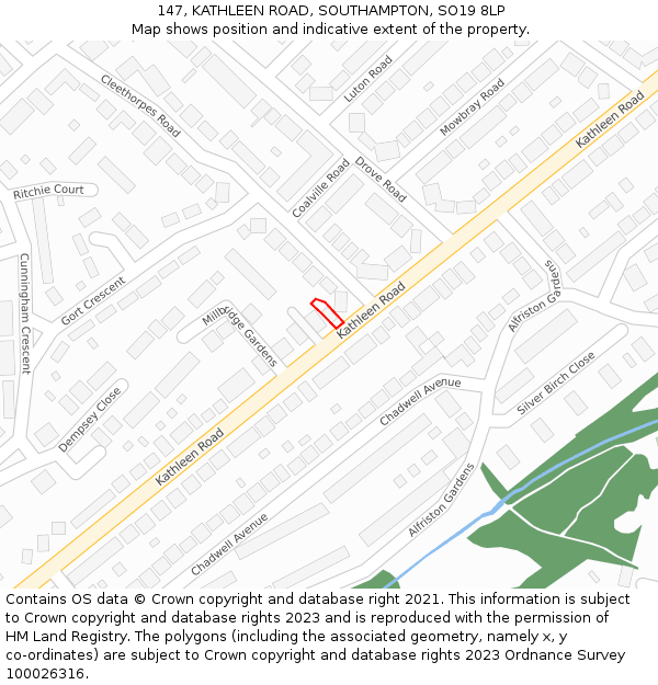 147, KATHLEEN ROAD, SOUTHAMPTON, SO19 8LP: Location map and indicative extent of plot