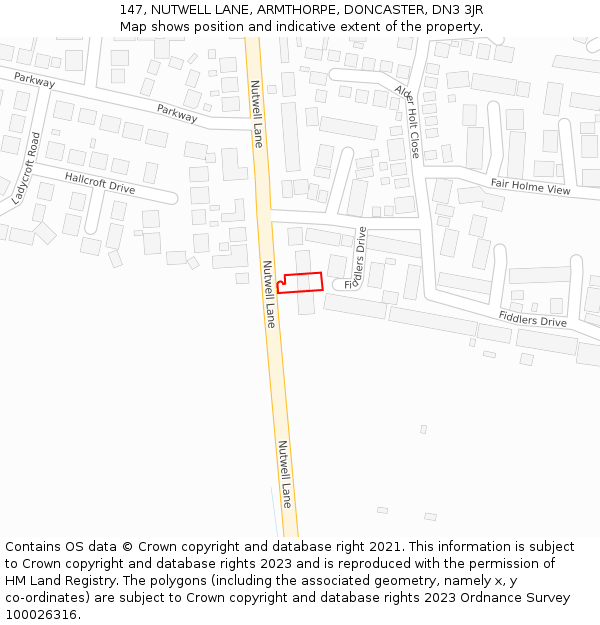 147, NUTWELL LANE, ARMTHORPE, DONCASTER, DN3 3JR: Location map and indicative extent of plot