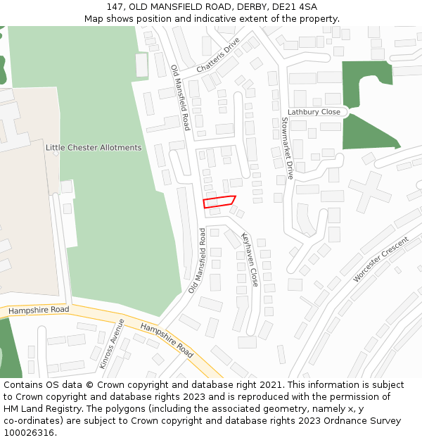147, OLD MANSFIELD ROAD, DERBY, DE21 4SA: Location map and indicative extent of plot