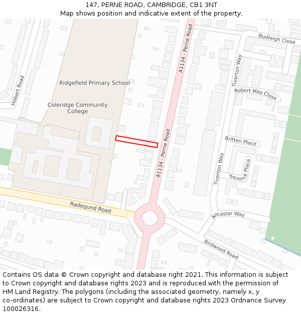 147, PERNE ROAD, CAMBRIDGE, CB1 3NT: Location map and indicative extent of plot