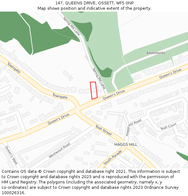 147, QUEENS DRIVE, OSSETT, WF5 0NP: Location map and indicative extent of plot