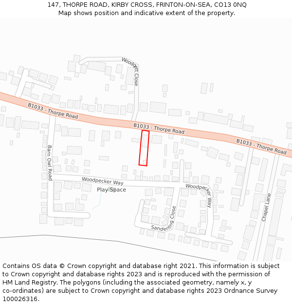 147, THORPE ROAD, KIRBY CROSS, FRINTON-ON-SEA, CO13 0NQ: Location map and indicative extent of plot
