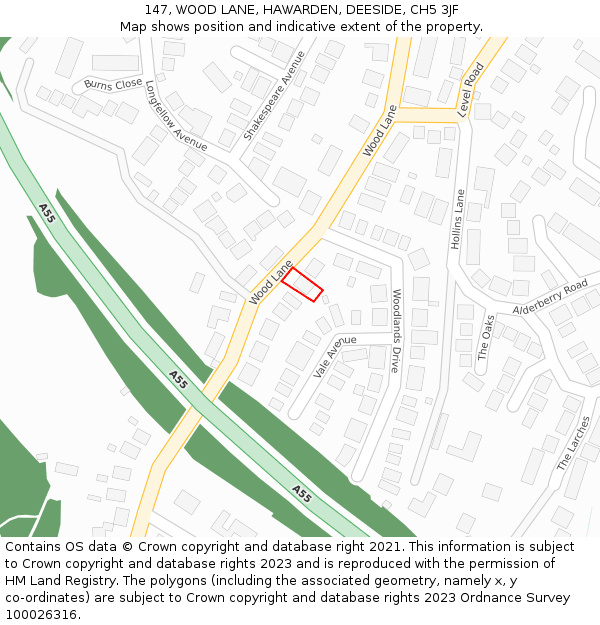 147, WOOD LANE, HAWARDEN, DEESIDE, CH5 3JF: Location map and indicative extent of plot