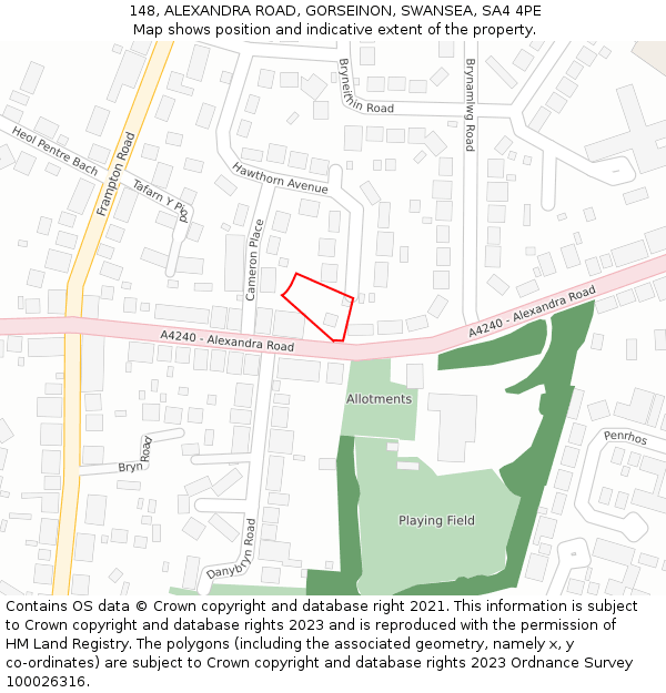 148, ALEXANDRA ROAD, GORSEINON, SWANSEA, SA4 4PE: Location map and indicative extent of plot