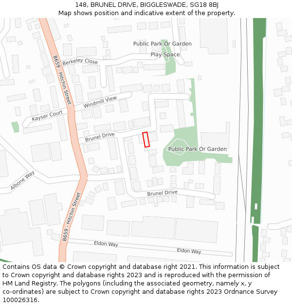 148, BRUNEL DRIVE, BIGGLESWADE, SG18 8BJ: Location map and indicative extent of plot