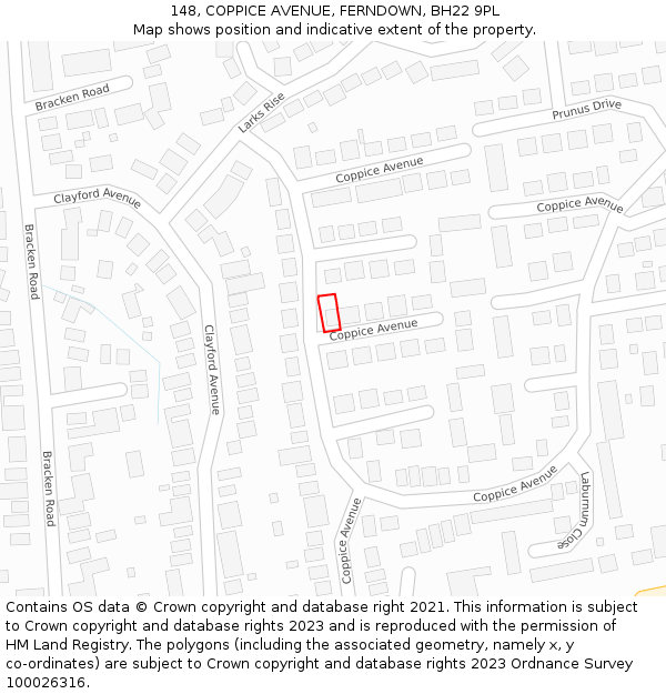 148, COPPICE AVENUE, FERNDOWN, BH22 9PL: Location map and indicative extent of plot