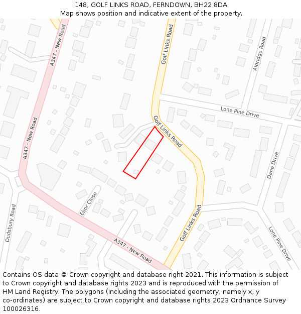 148, GOLF LINKS ROAD, FERNDOWN, BH22 8DA: Location map and indicative extent of plot