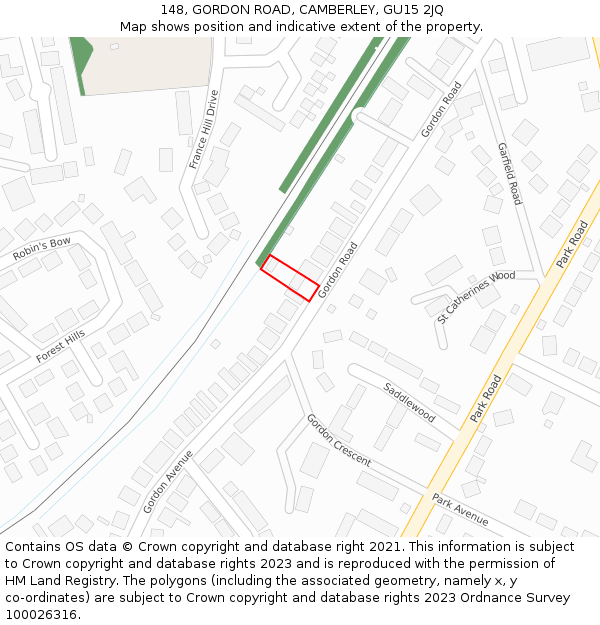 148, GORDON ROAD, CAMBERLEY, GU15 2JQ: Location map and indicative extent of plot