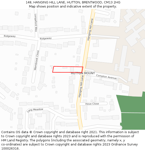 148, HANGING HILL LANE, HUTTON, BRENTWOOD, CM13 2HG: Location map and indicative extent of plot