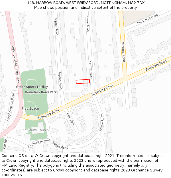 148, HARROW ROAD, WEST BRIDGFORD, NOTTINGHAM, NG2 7DX: Location map and indicative extent of plot