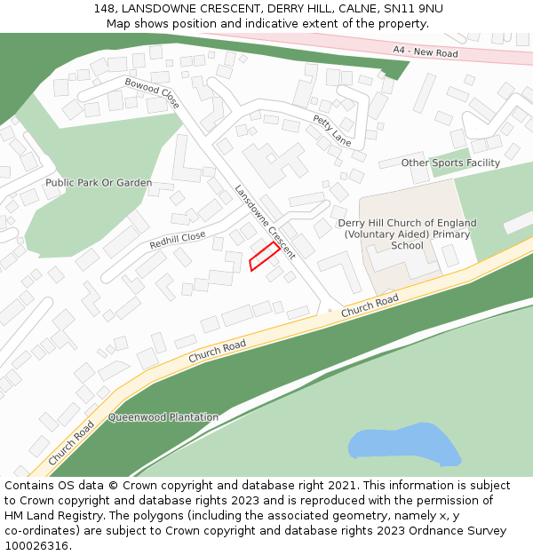 148, LANSDOWNE CRESCENT, DERRY HILL, CALNE, SN11 9NU: Location map and indicative extent of plot