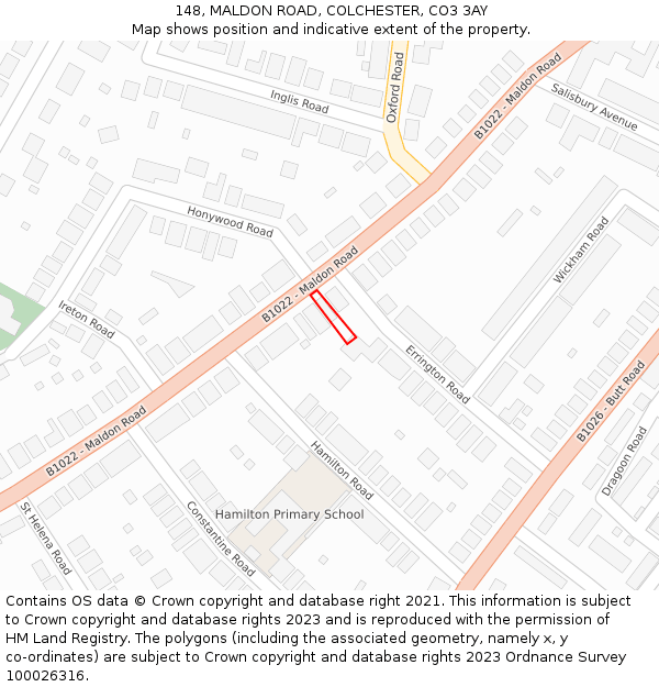 148, MALDON ROAD, COLCHESTER, CO3 3AY: Location map and indicative extent of plot