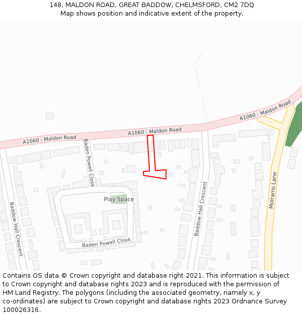 148, MALDON ROAD, GREAT BADDOW, CHELMSFORD, CM2 7DQ: Location map and indicative extent of plot