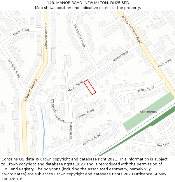 148, MANOR ROAD, NEW MILTON, BH25 5ED: Location map and indicative extent of plot