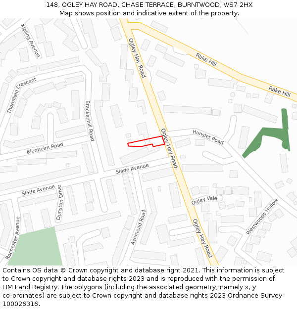 148, OGLEY HAY ROAD, CHASE TERRACE, BURNTWOOD, WS7 2HX: Location map and indicative extent of plot