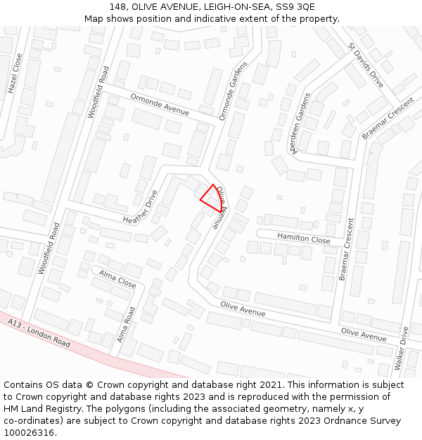 148, OLIVE AVENUE, LEIGH-ON-SEA, SS9 3QE: Location map and indicative extent of plot