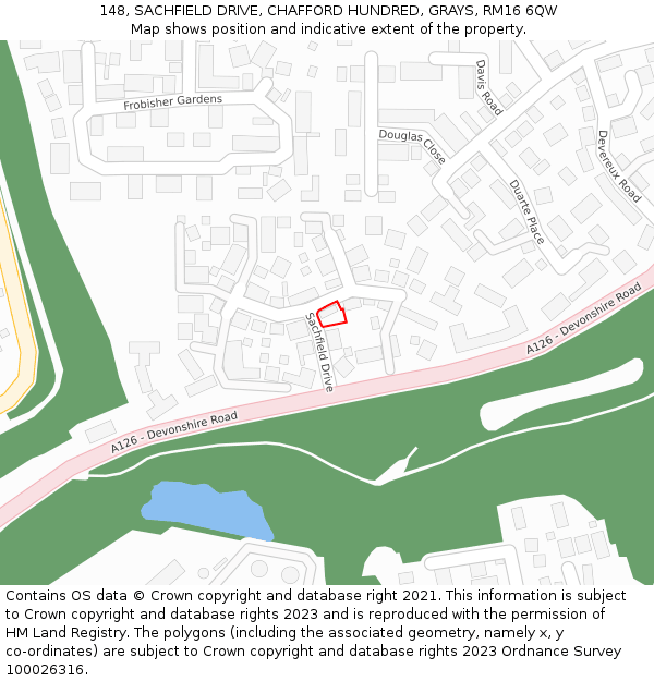148, SACHFIELD DRIVE, CHAFFORD HUNDRED, GRAYS, RM16 6QW: Location map and indicative extent of plot