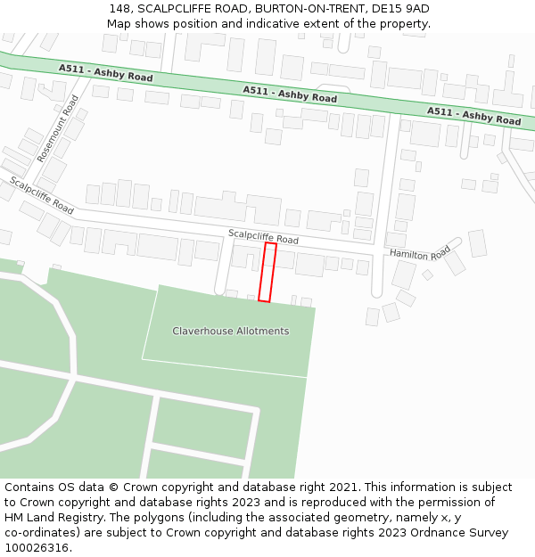 148, SCALPCLIFFE ROAD, BURTON-ON-TRENT, DE15 9AD: Location map and indicative extent of plot
