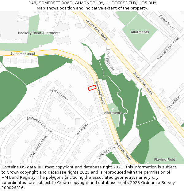 148, SOMERSET ROAD, ALMONDBURY, HUDDERSFIELD, HD5 8HY: Location map and indicative extent of plot