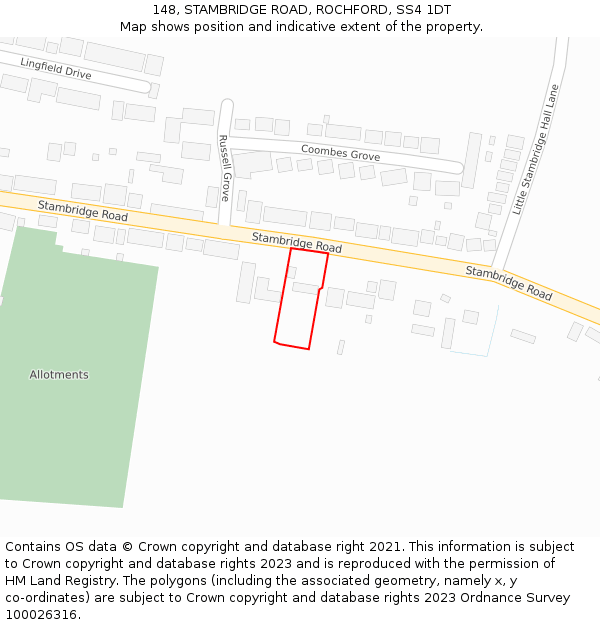 148, STAMBRIDGE ROAD, ROCHFORD, SS4 1DT: Location map and indicative extent of plot