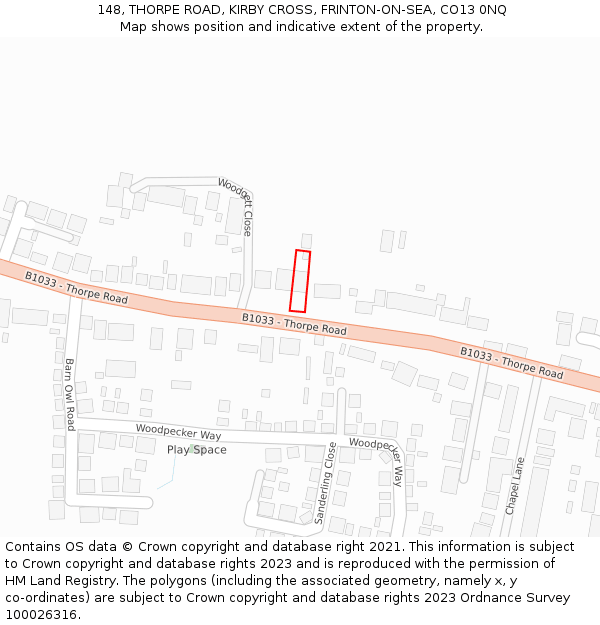 148, THORPE ROAD, KIRBY CROSS, FRINTON-ON-SEA, CO13 0NQ: Location map and indicative extent of plot