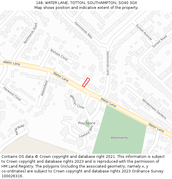 148, WATER LANE, TOTTON, SOUTHAMPTON, SO40 3GX: Location map and indicative extent of plot