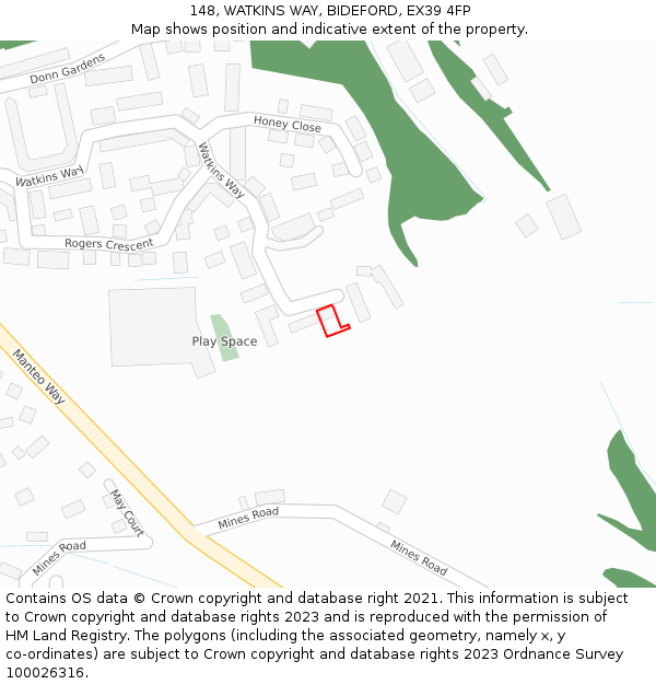 148, WATKINS WAY, BIDEFORD, EX39 4FP: Location map and indicative extent of plot