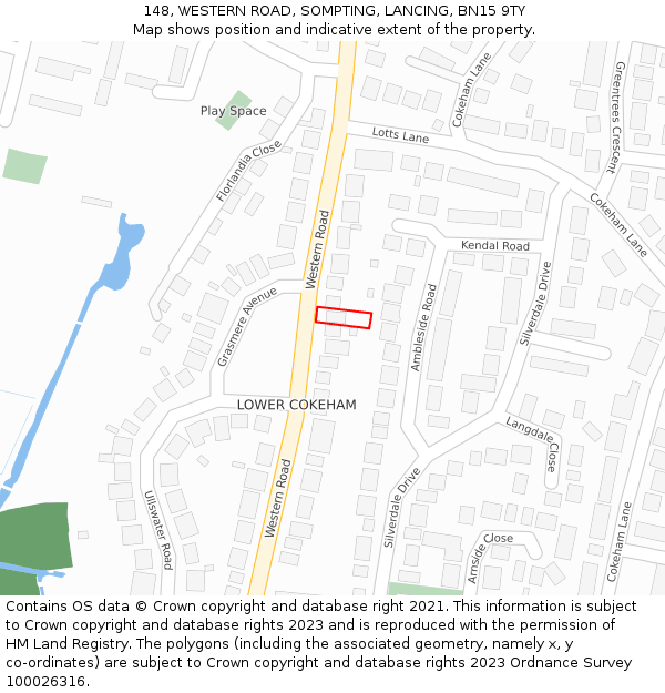 148, WESTERN ROAD, SOMPTING, LANCING, BN15 9TY: Location map and indicative extent of plot