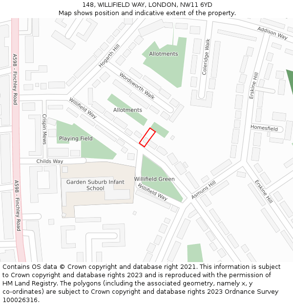 148, WILLIFIELD WAY, LONDON, NW11 6YD: Location map and indicative extent of plot