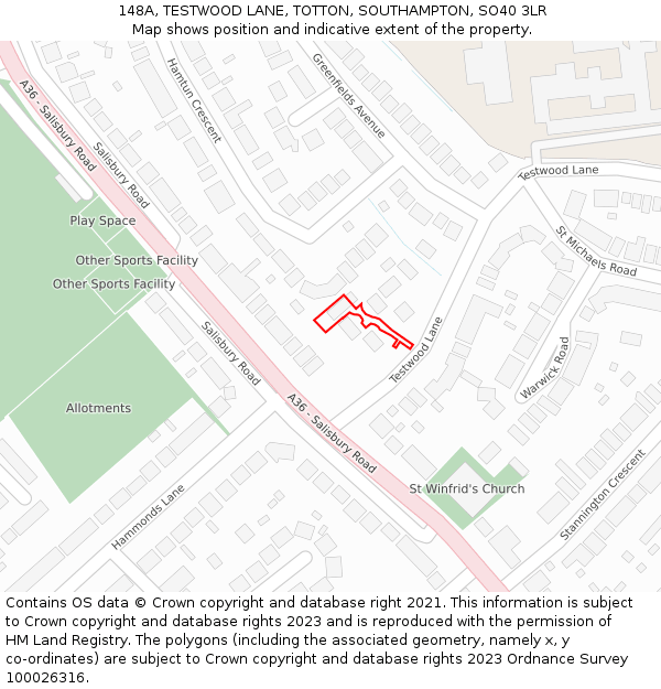 148A, TESTWOOD LANE, TOTTON, SOUTHAMPTON, SO40 3LR: Location map and indicative extent of plot