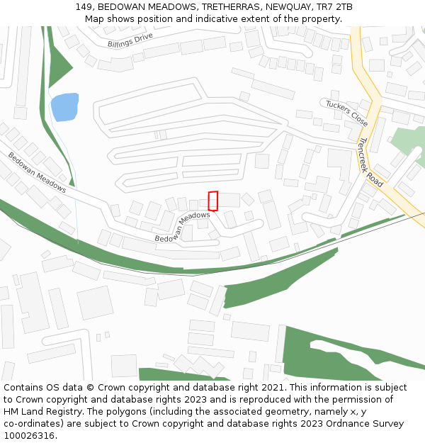 149, BEDOWAN MEADOWS, TRETHERRAS, NEWQUAY, TR7 2TB: Location map and indicative extent of plot