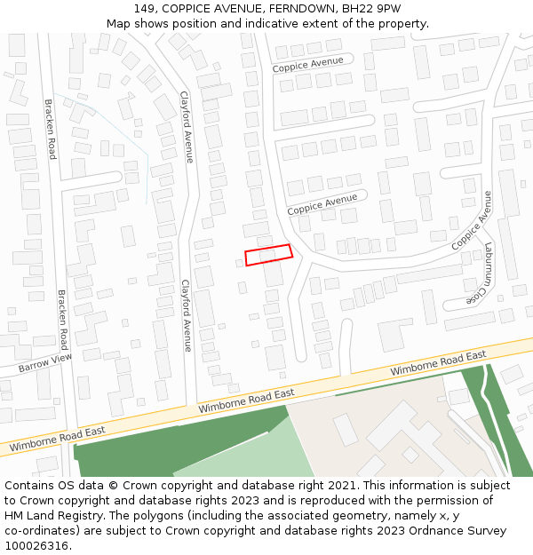 149, COPPICE AVENUE, FERNDOWN, BH22 9PW: Location map and indicative extent of plot