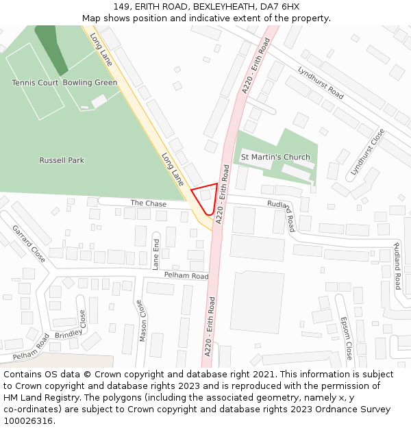 149, ERITH ROAD, BEXLEYHEATH, DA7 6HX: Location map and indicative extent of plot