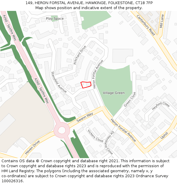 149, HERON FORSTAL AVENUE, HAWKINGE, FOLKESTONE, CT18 7FP: Location map and indicative extent of plot