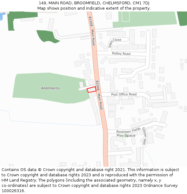 149, MAIN ROAD, BROOMFIELD, CHELMSFORD, CM1 7DJ: Location map and indicative extent of plot