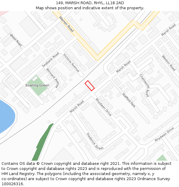 149, MARSH ROAD, RHYL, LL18 2AD: Location map and indicative extent of plot