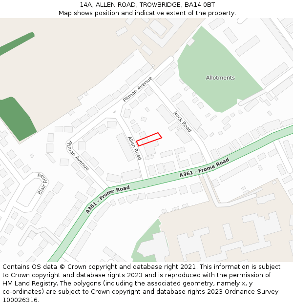 14A, ALLEN ROAD, TROWBRIDGE, BA14 0BT: Location map and indicative extent of plot