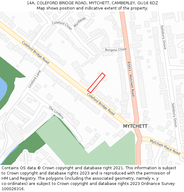 14A, COLEFORD BRIDGE ROAD, MYTCHETT, CAMBERLEY, GU16 6DZ: Location map and indicative extent of plot