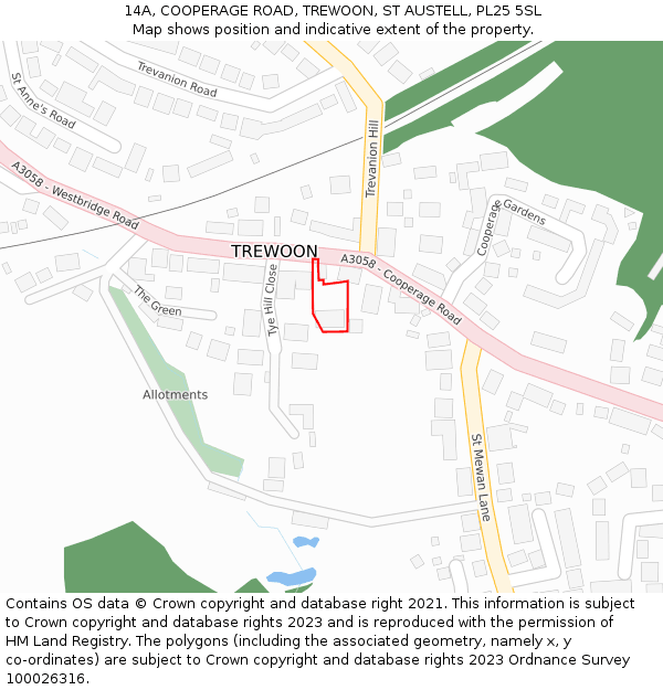 14A, COOPERAGE ROAD, TREWOON, ST AUSTELL, PL25 5SL: Location map and indicative extent of plot