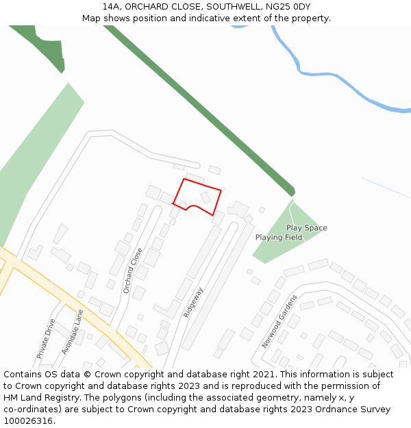 14A, ORCHARD CLOSE, SOUTHWELL, NG25 0DY: Location map and indicative extent of plot