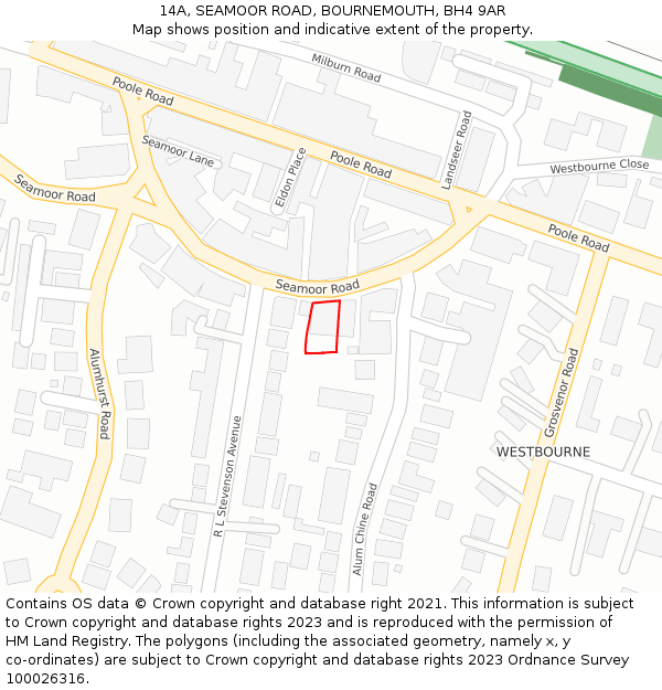 14A, SEAMOOR ROAD, BOURNEMOUTH, BH4 9AR: Location map and indicative extent of plot