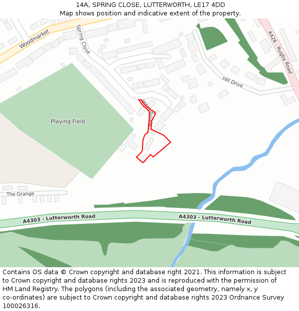 14A, SPRING CLOSE, LUTTERWORTH, LE17 4DD: Location map and indicative extent of plot