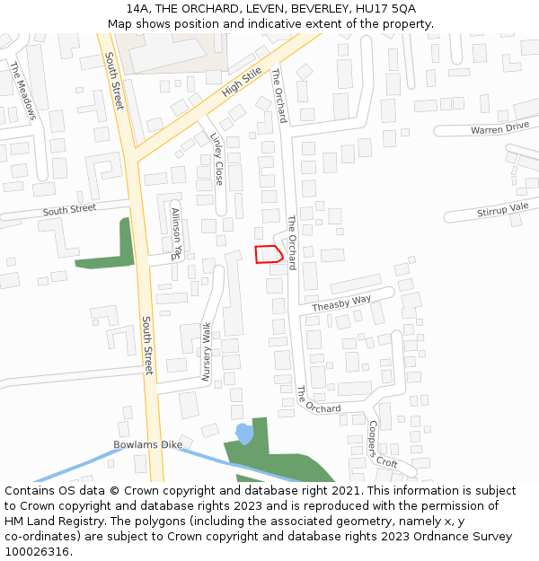 14A, THE ORCHARD, LEVEN, BEVERLEY, HU17 5QA: Location map and indicative extent of plot